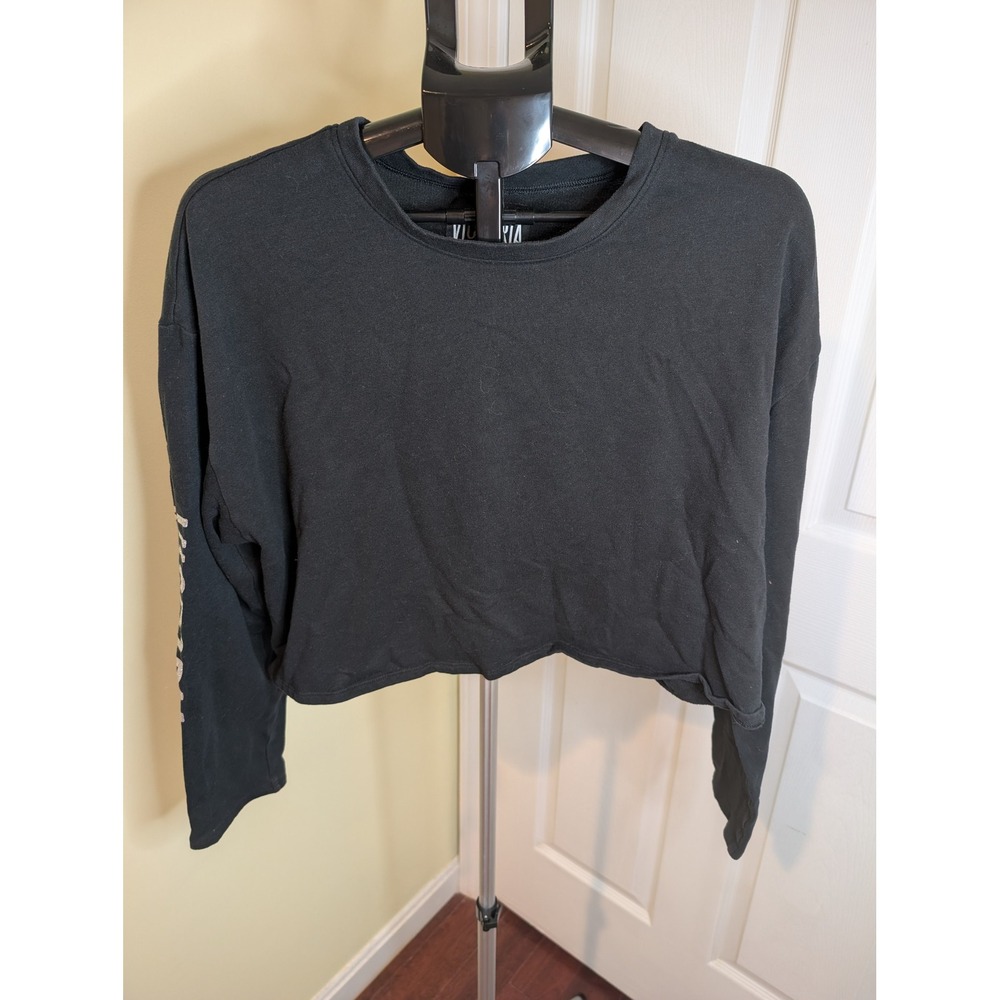 Victoria's Secret Sport Black Cropped Long Sleeve Sweatshirt Large Glitter Logo